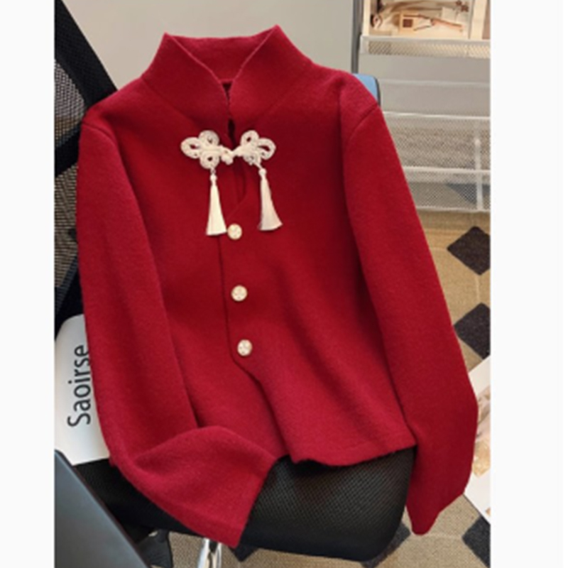 新中式新年国风秋冬时尚新款显瘦流苏盘扣红色毛衣女针织开衫上衣