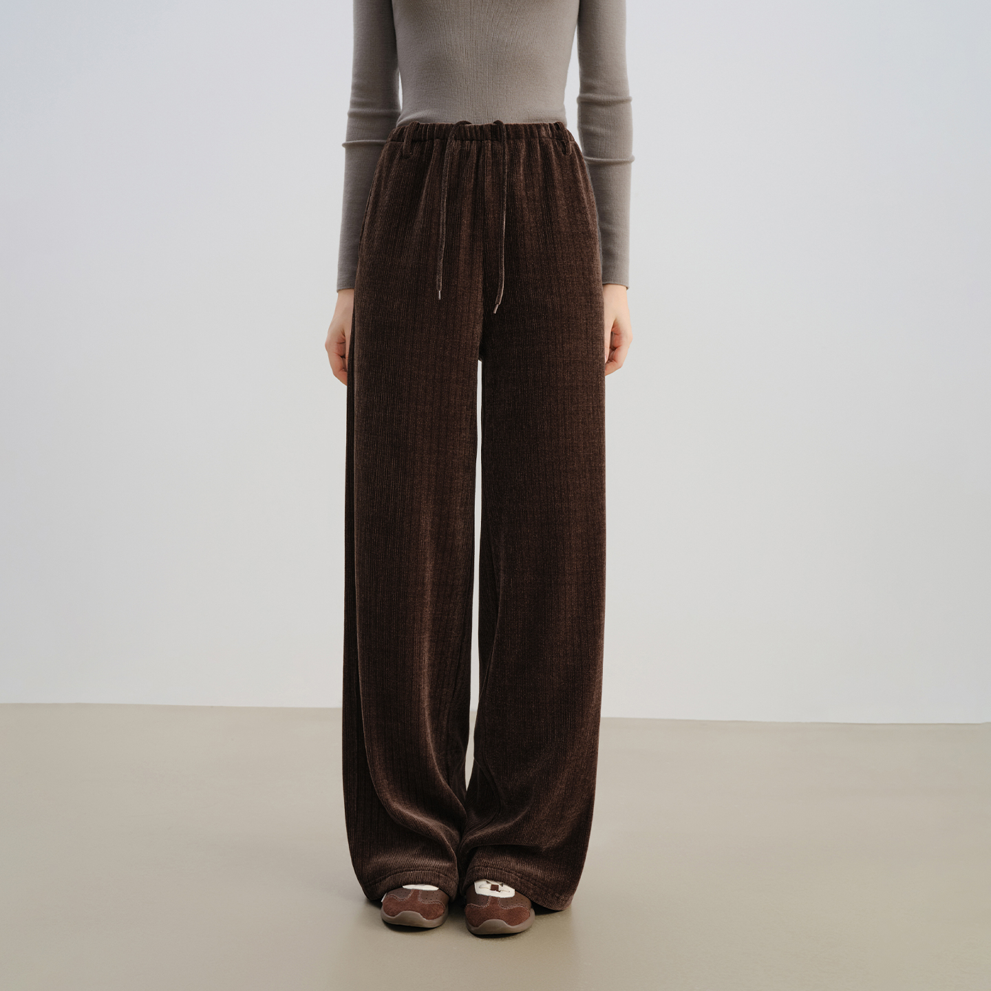 自巧小个子复古雪尼尔直筒拖地裤休闲显瘦黑色长裤25ZQ94180