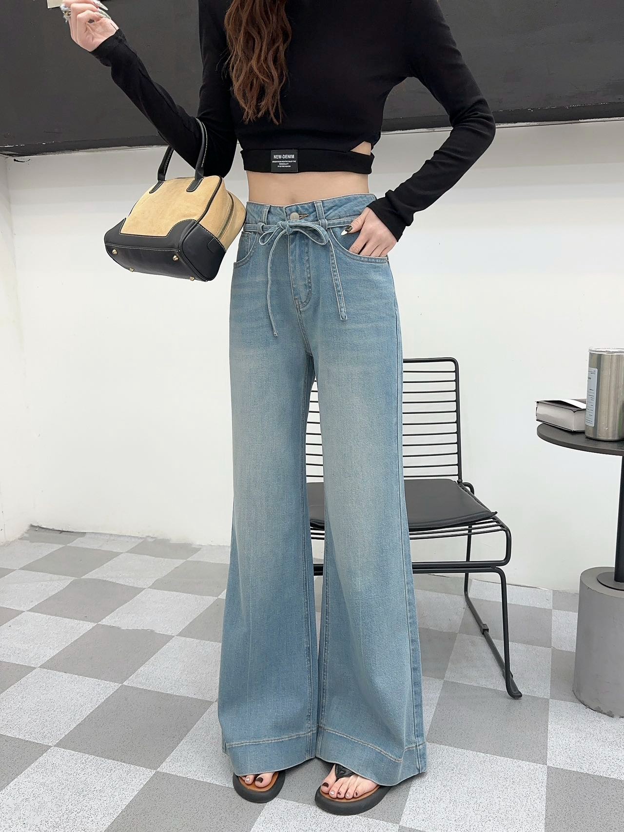 浅蓝色腰绑带牛仔裤欧洲站2025春季新款时尚宽松高腰百搭阔腿裤
