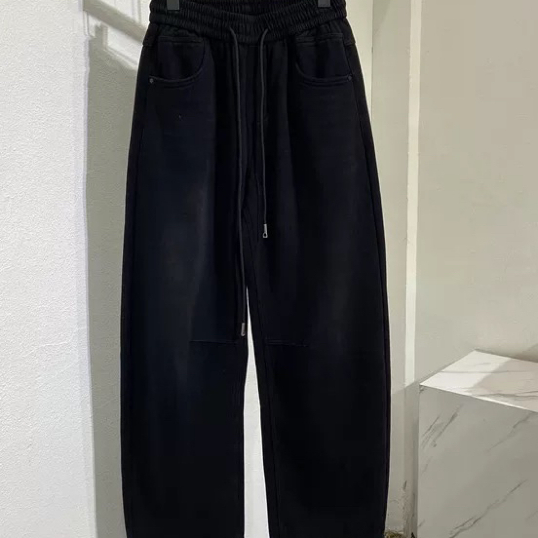 DOTI冬季新款男士松紧带加绒加厚软牛仔布直筒垂直感水洗休闲长裤