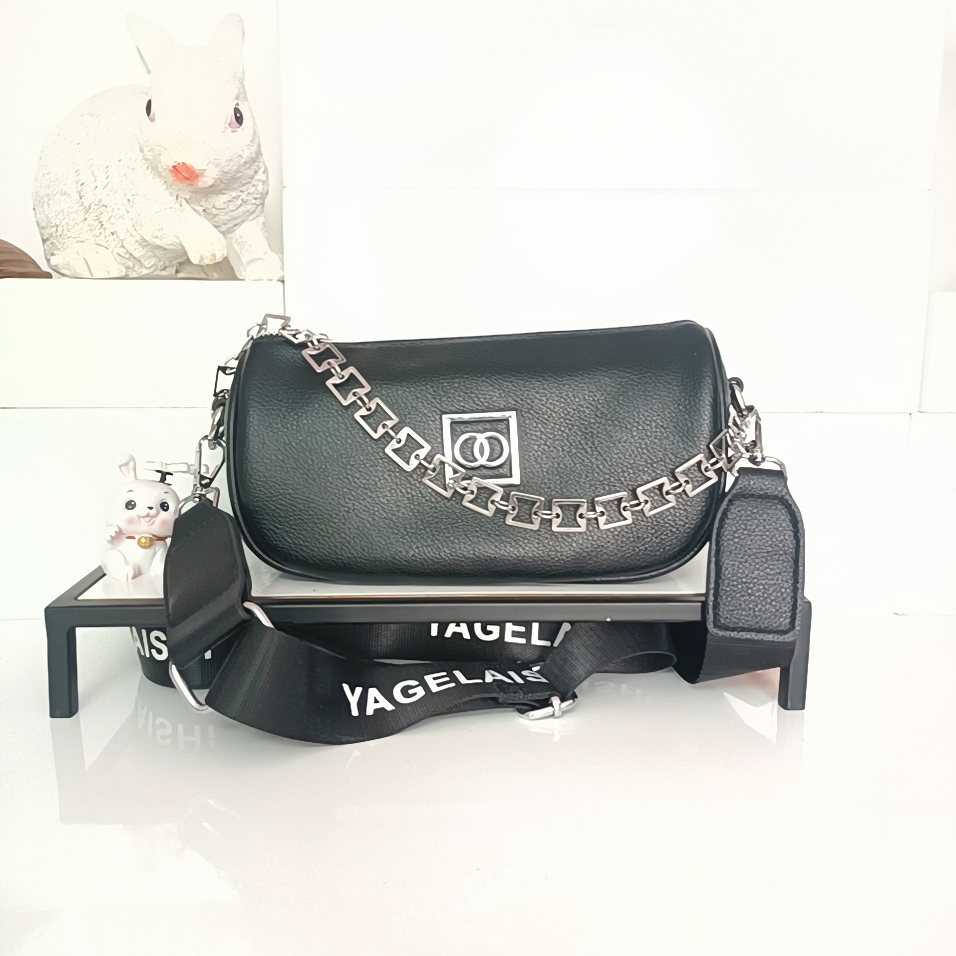 女包轻奢时尚百搭女士休闲黑色潮流单肩肩包百搭斜挎包漆皮邮差包