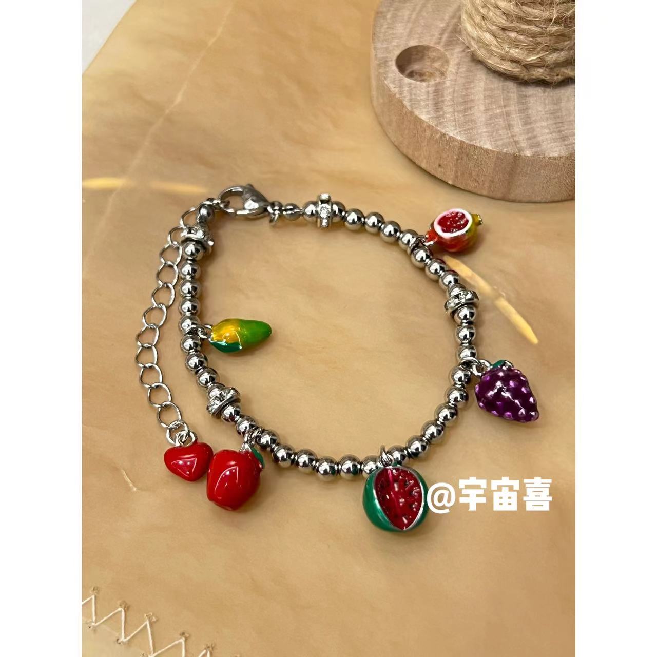 钛钢珐琅手链  F3-068【银色串珠珐琅水果手链】