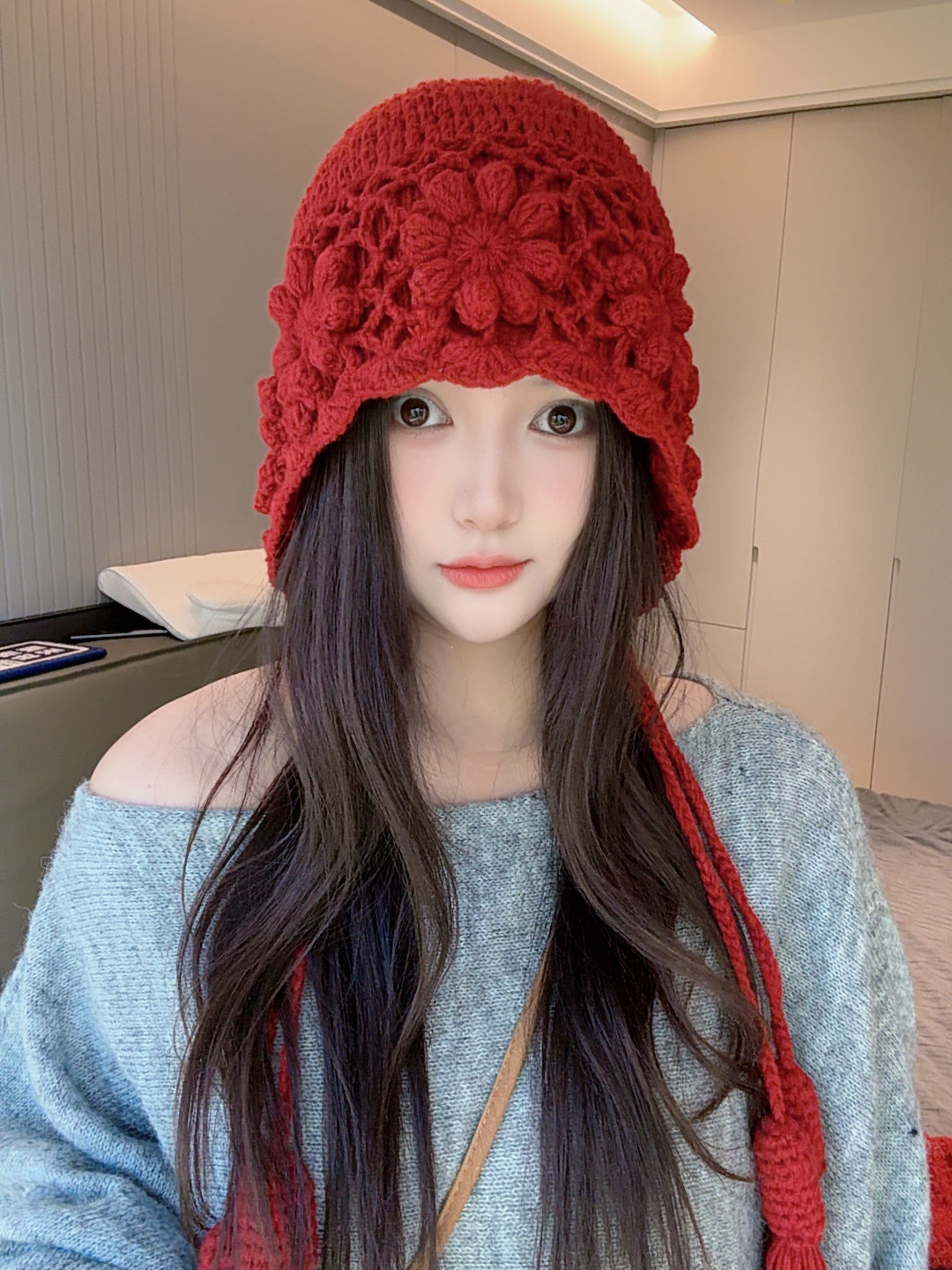 秋冬网红卷檐八角顶包头帽帽子编织秋冬季流苏红色女