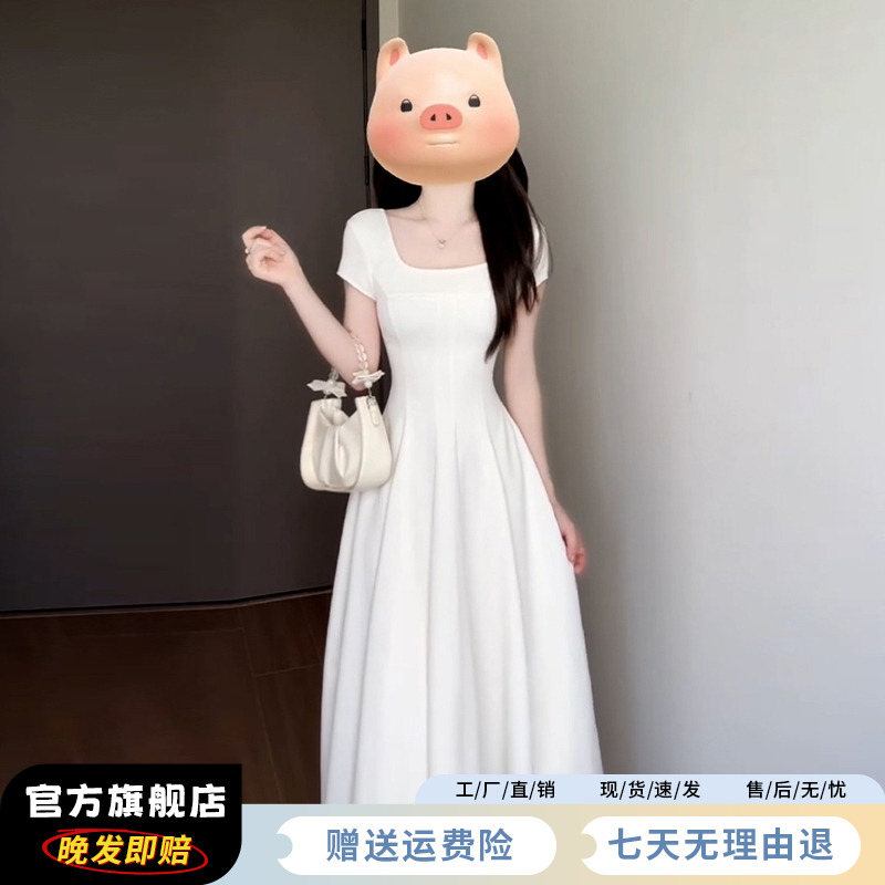 法式高级感白色方领连衣裙子女夏季2025新款独特漂亮掐腰显瘦长裙