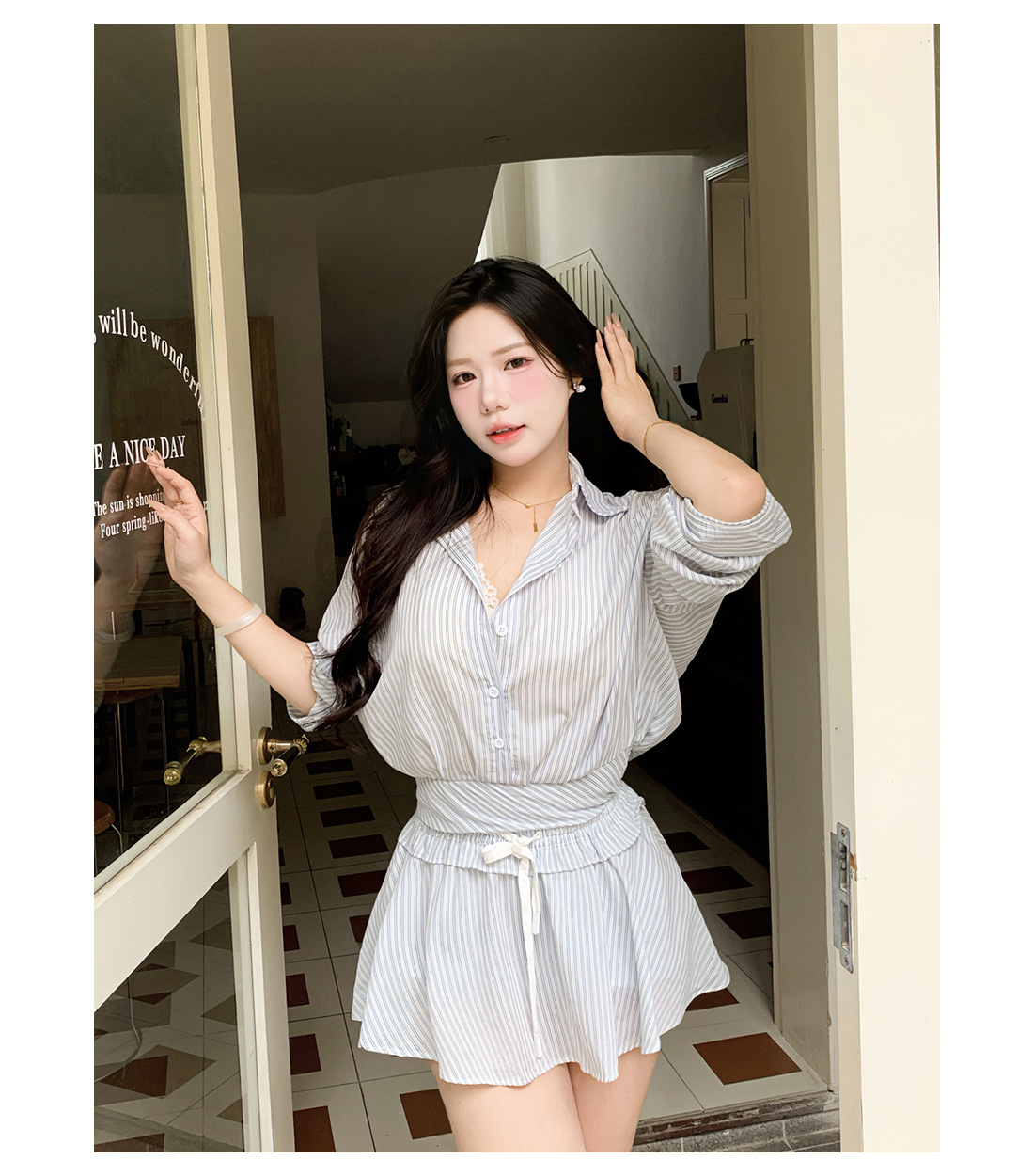 佳佳法式休闲风翻领长袖上衣收腰微胖大码女装夏季条纹短裙套装