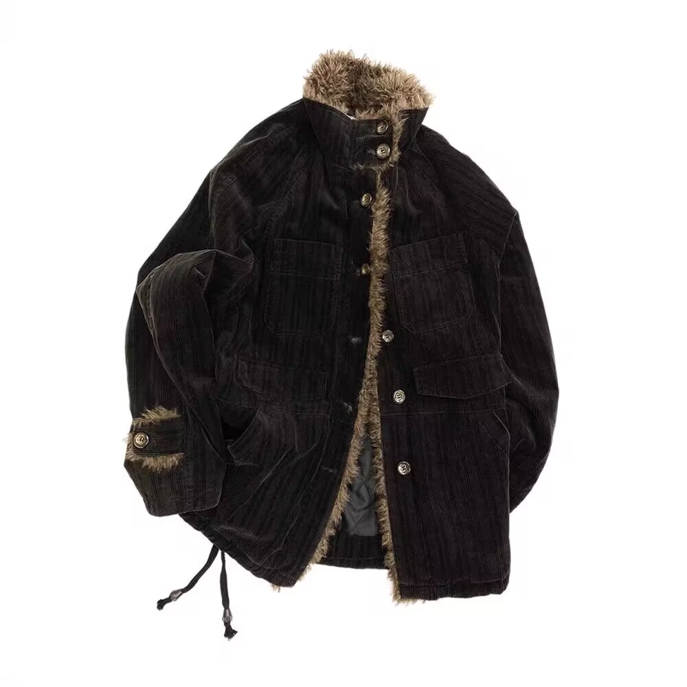 2024年秋冬新款复古设计感休闲拼接宽松显瘦超好看立领咖色外套女