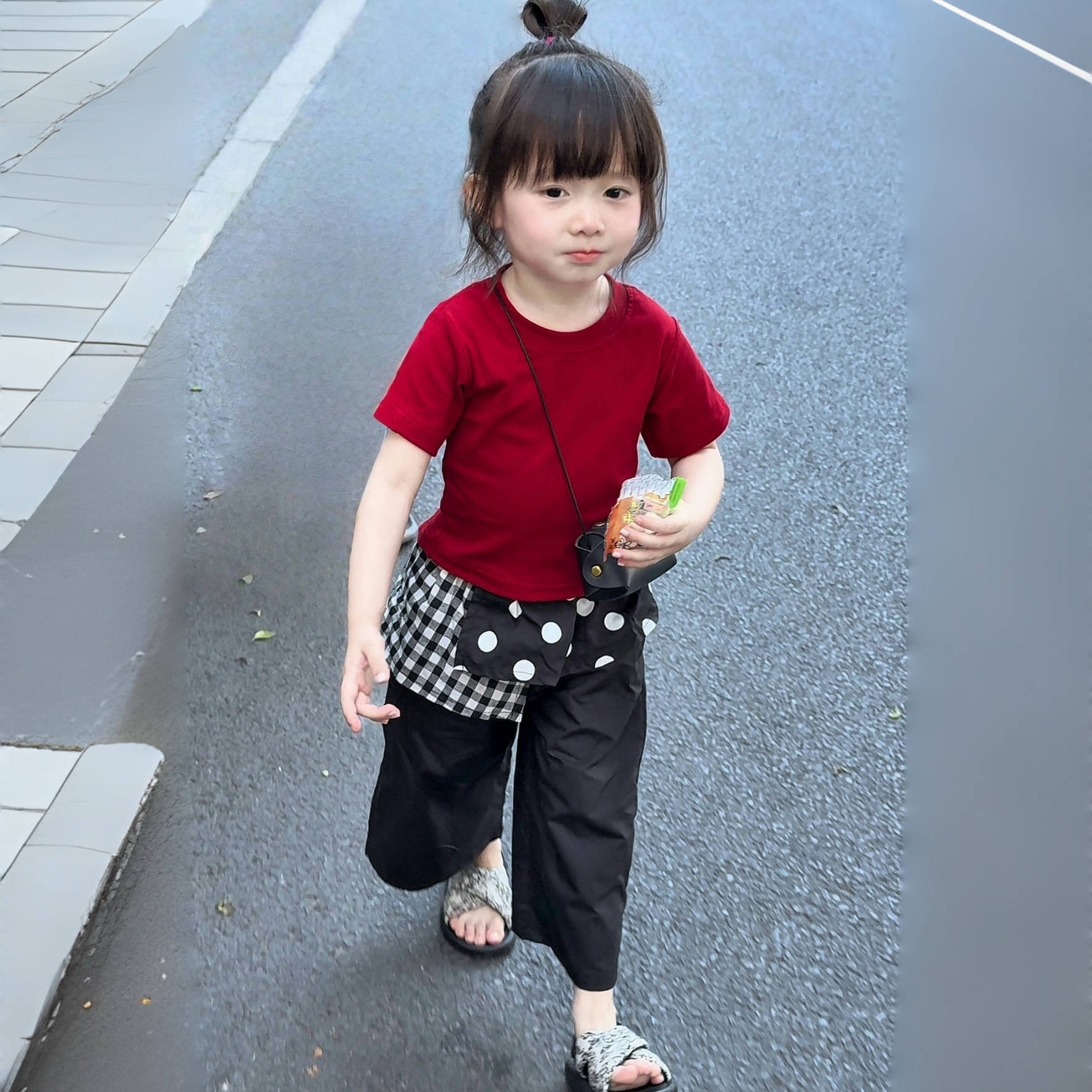 2025夏季新款女童套装儿童休闲洋气短袖拼接波点格子屁帘休闲裤潮