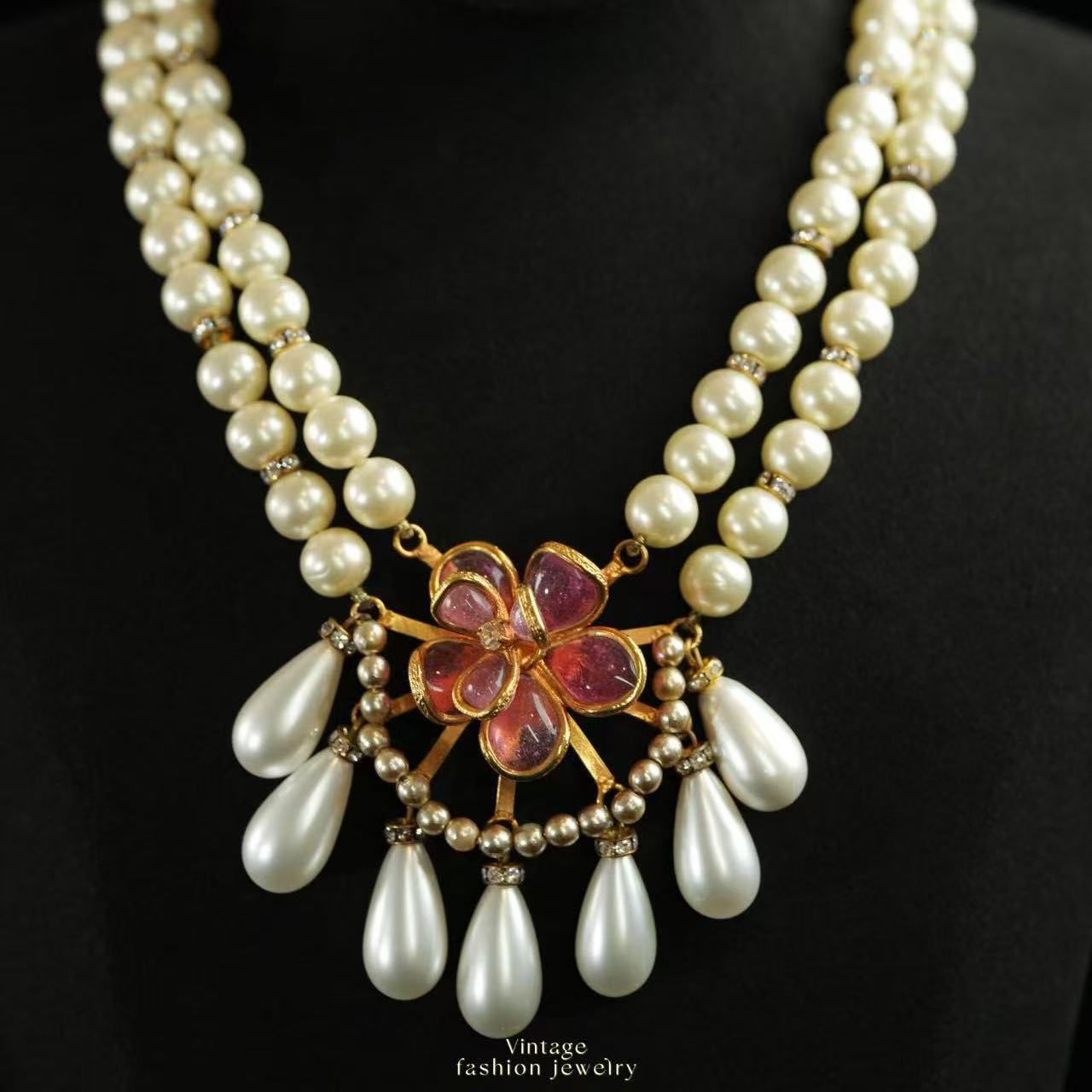 95新 Chanel/香奈儿 柚礼中古/香奈儿山茶花珍珠吊坠项链lz411071