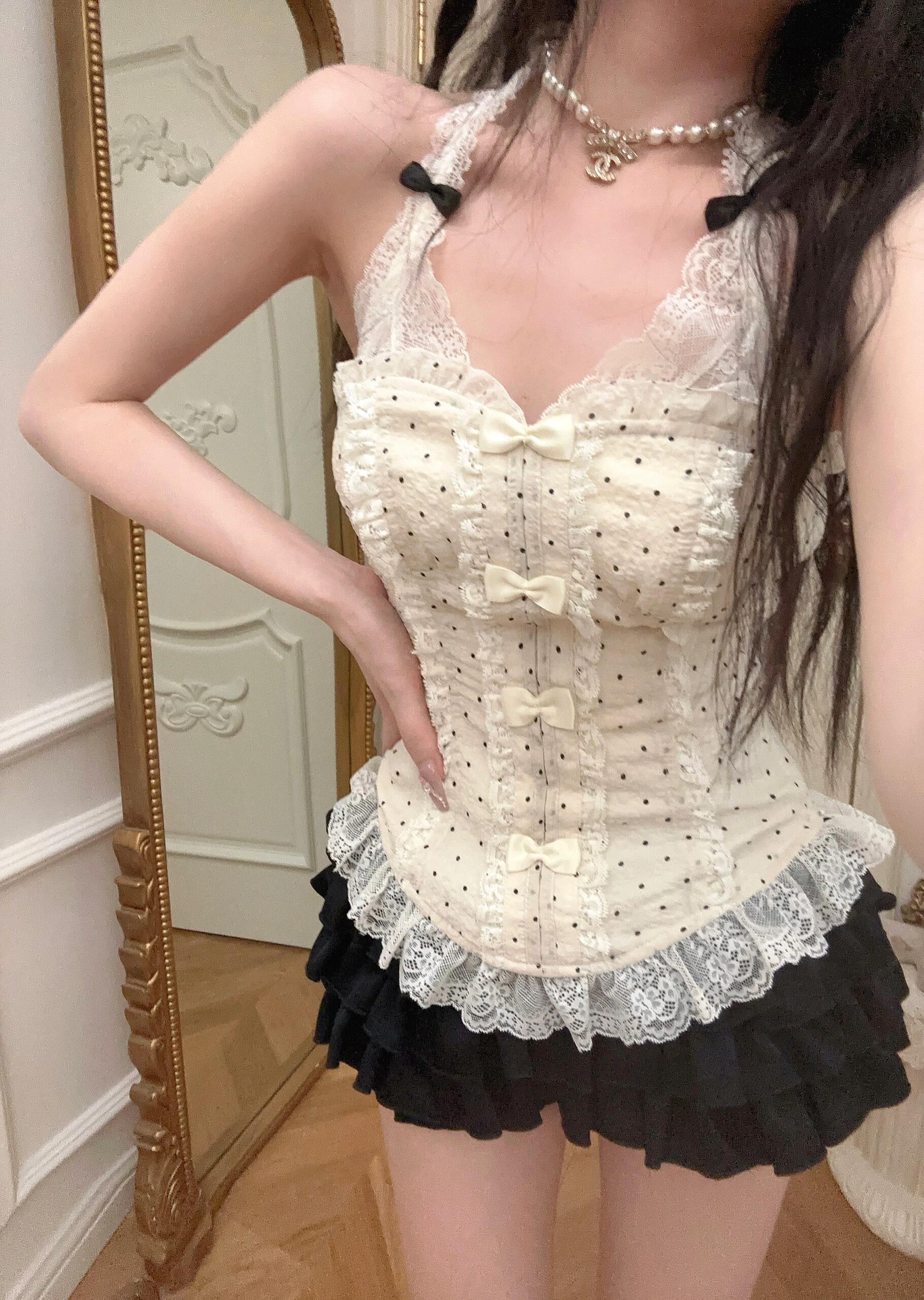 （501-600直播链接）辣妹吊带背心女夏季挂脖蕾丝法式鱼骨外穿内搭