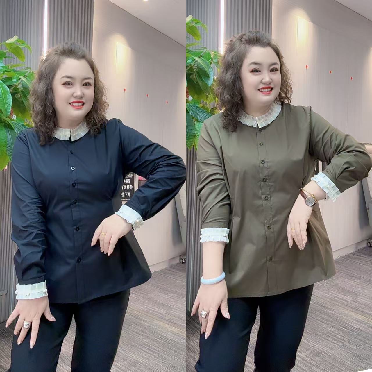 8890（丹姐家）春款小香风衬衫拼接花边立领长袖衬衫衬衣