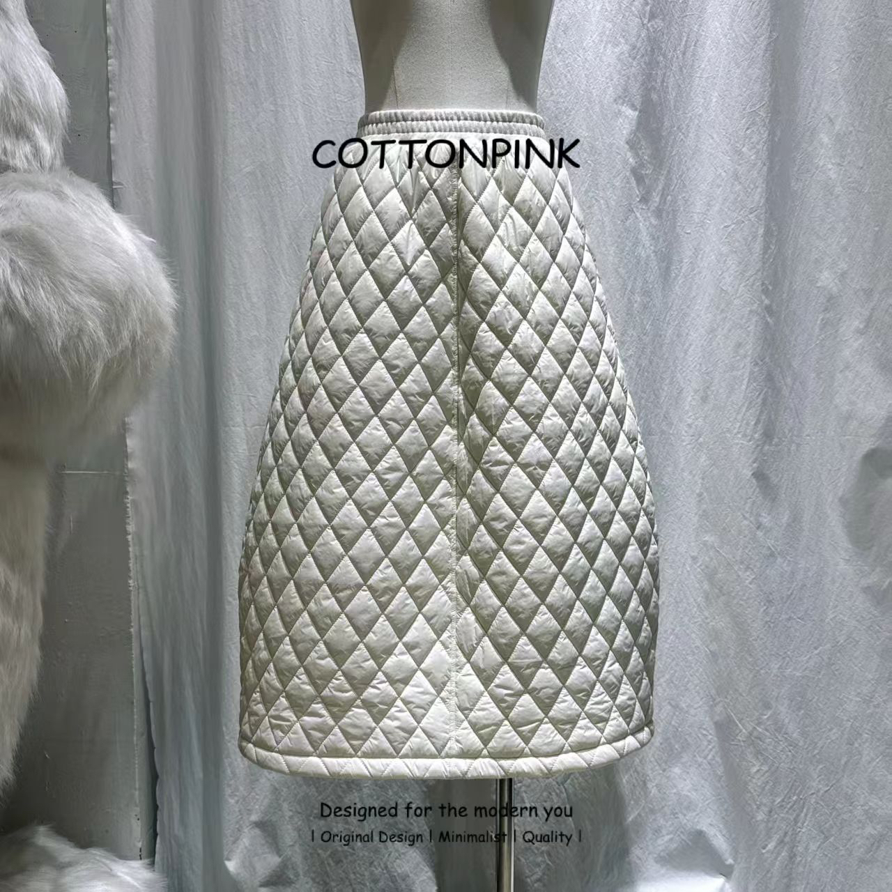 COTTONPINK女装松紧腰秋冬夹棉厚款菱格半身裙