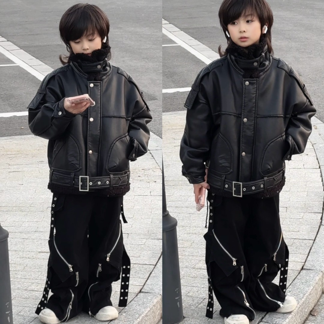 五乐乐家2025冬季新款高级感手工PU皮衣儿童翻领加厚外套