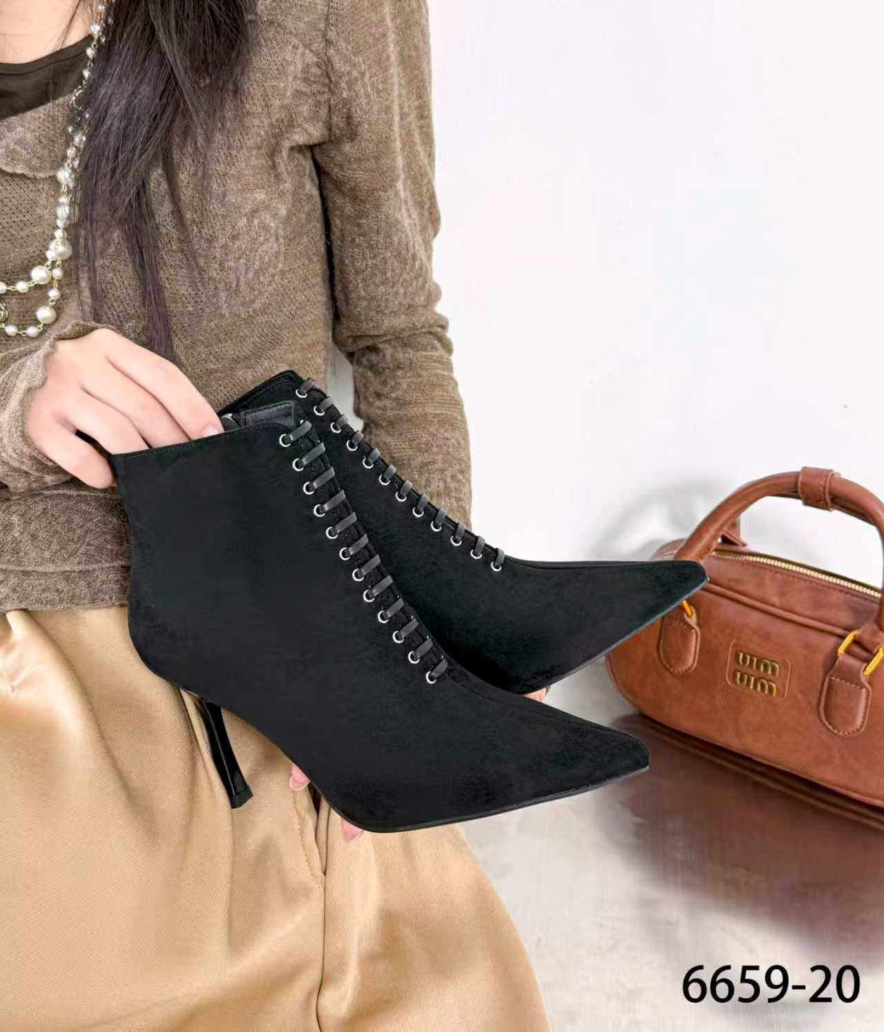 法式时尚瘦瘦靴2025秋季新款绑带侧拉链短靴6659-20
