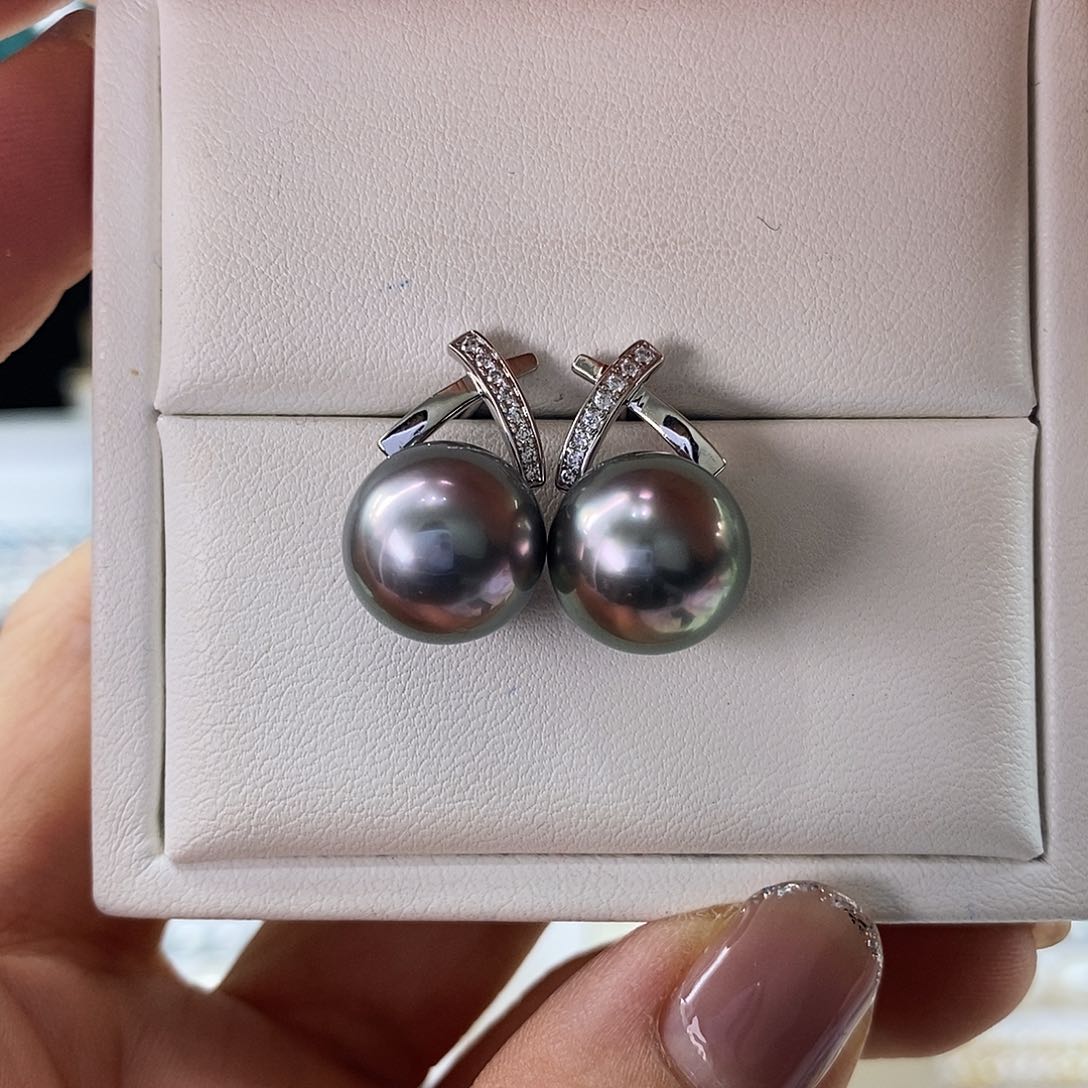 海水珍珠耳饰银S925镶嵌大溪地12-13m m