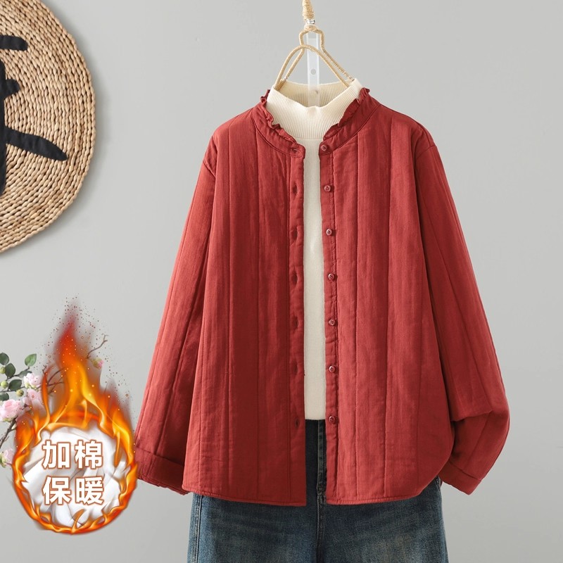 全额运费补贴 秋冬加厚木耳领绗棉宽松百搭衬衫新款纯色长袖衬衣