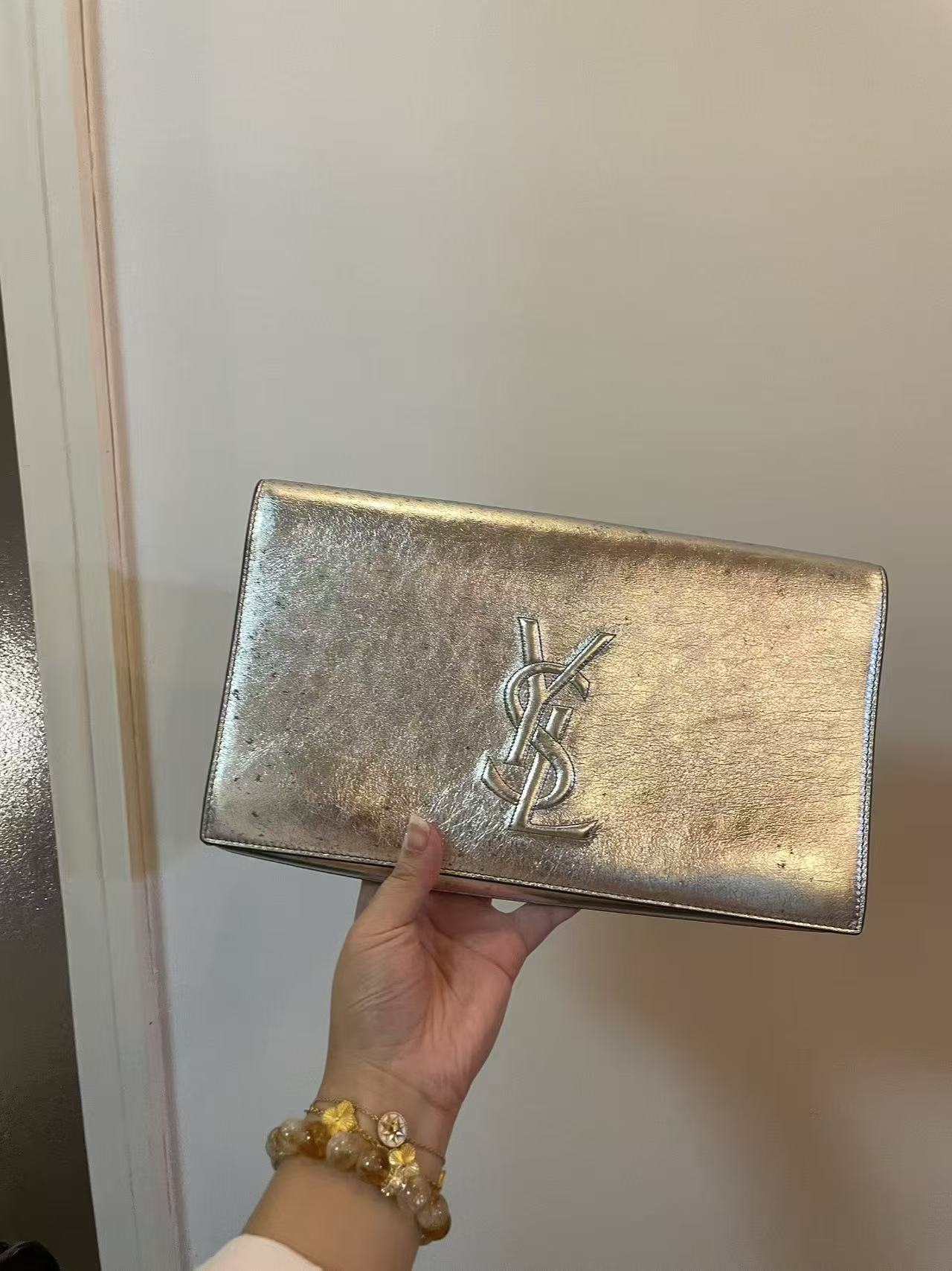 95新 YSL/圣罗兰 帝爵倩姐直播专享/银色手拿包