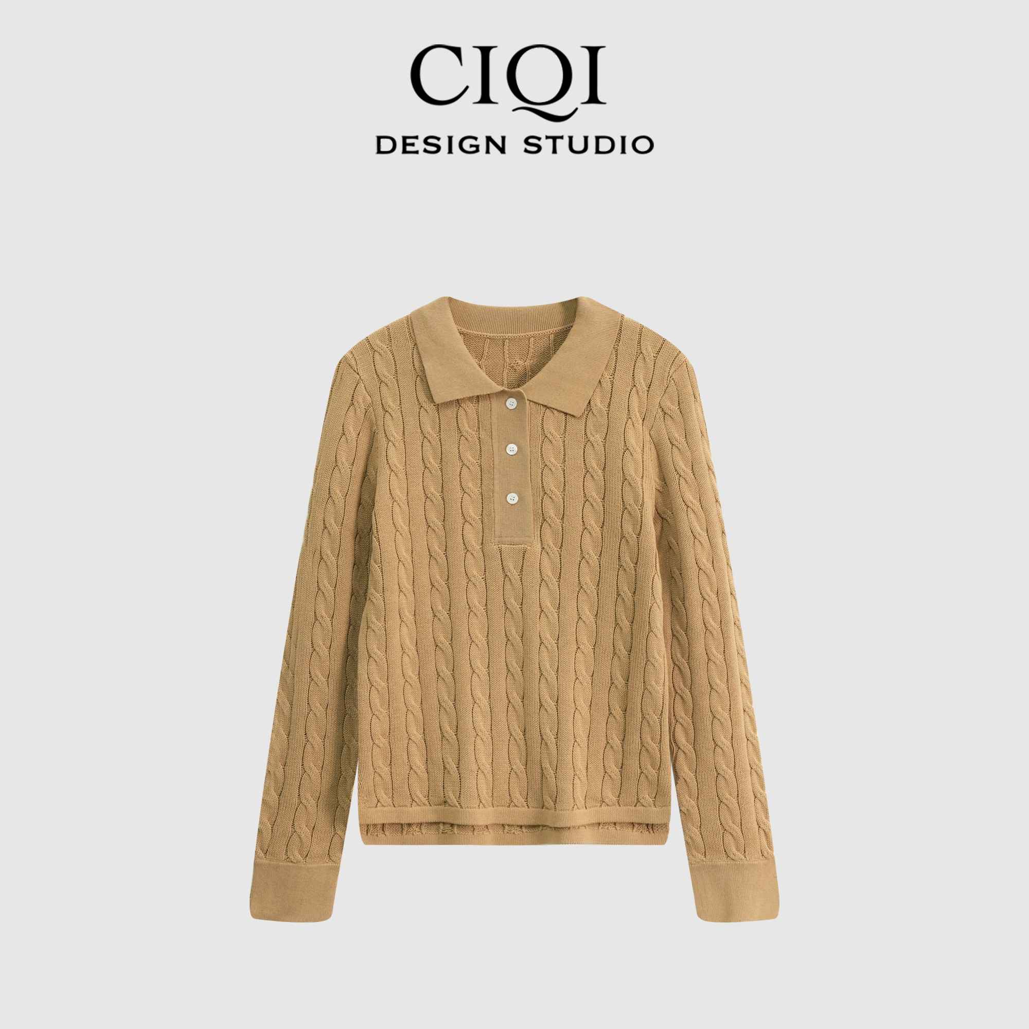 CIQI STUDIO【棉云绒雪】100复古麻花翻领纽扣舒适针织上衣DY251061