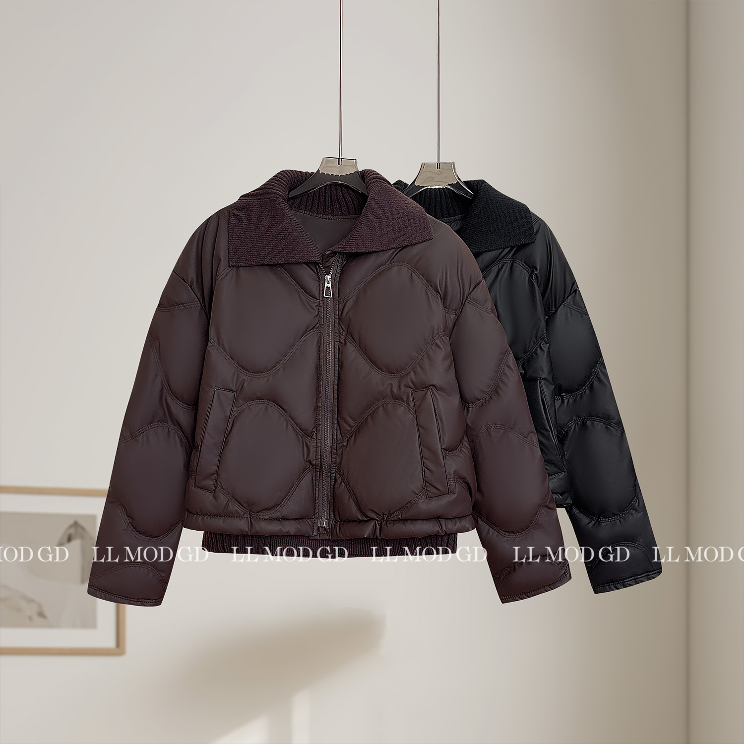 暖到心里 设计感针织拼接大翻领假两件白鸭绒保暖外套YL-263653