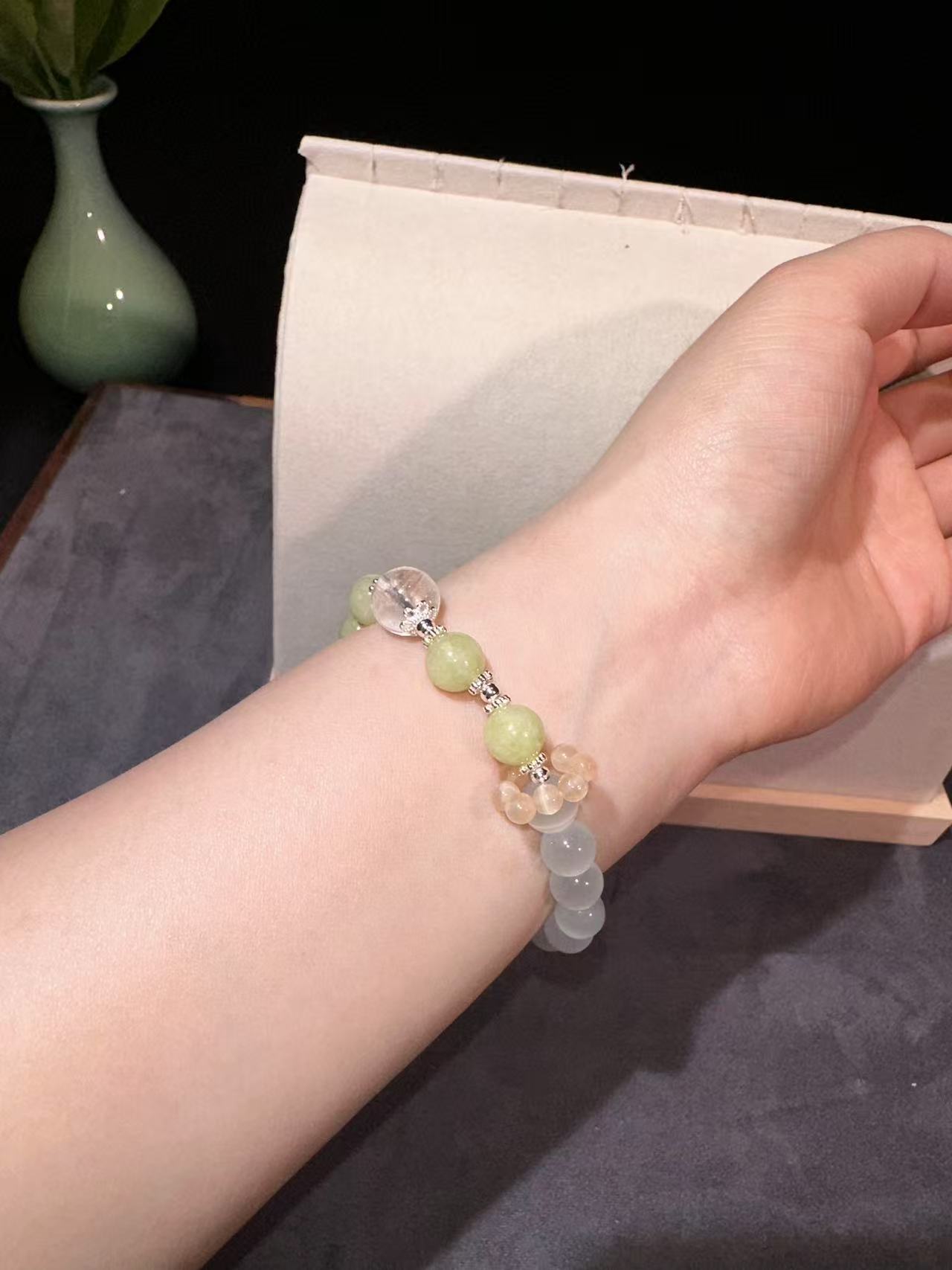 铜合金手链 【薄荷猫眼】水晶珠珠手串 百搭简约  ins弹力小众