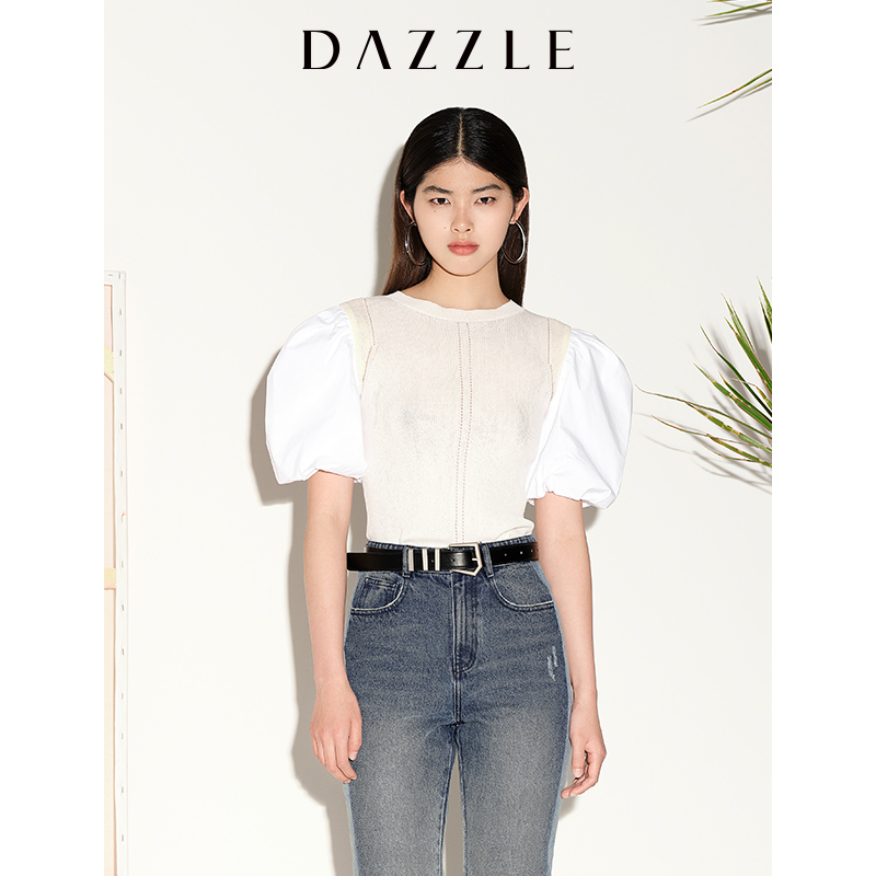 DAZZLE地素款泡泡袖拼接设计感修身衬衫2E2D3981B