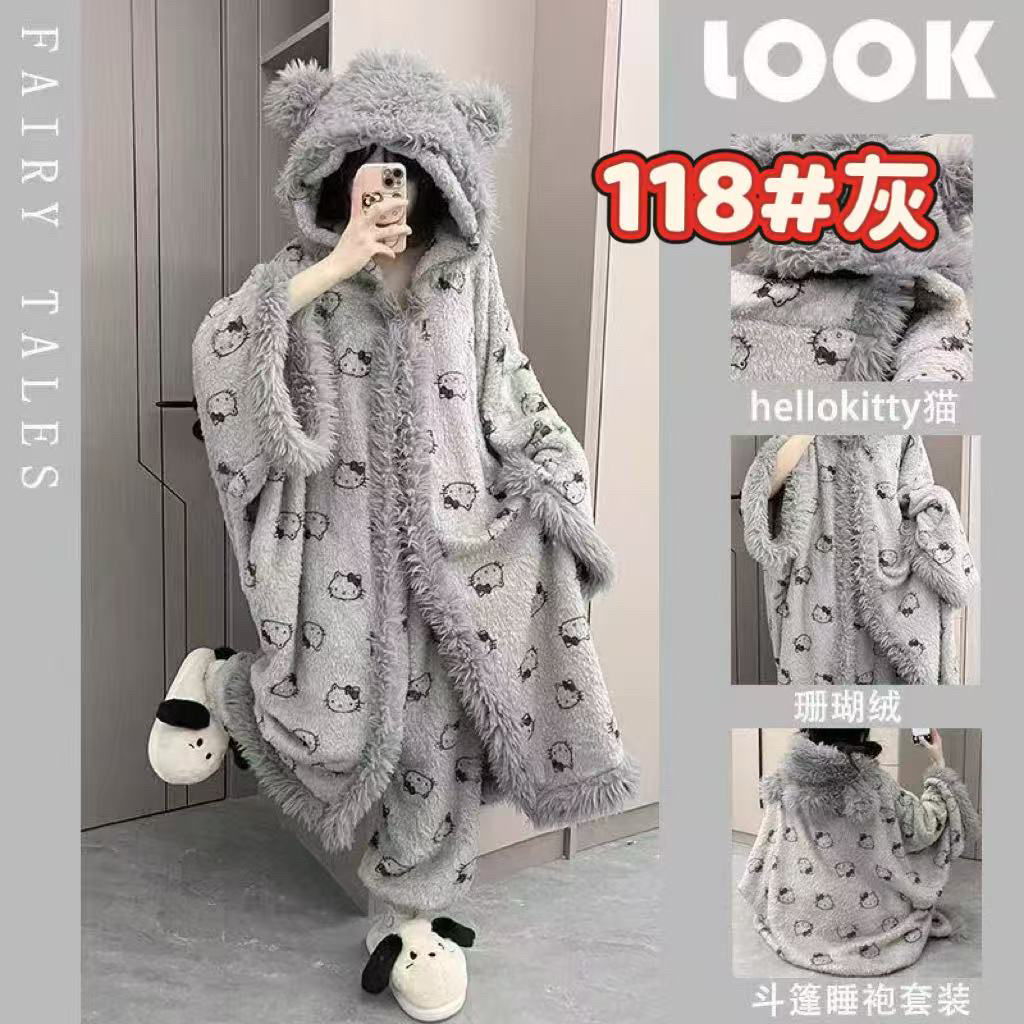 冬季加厚加绒珊瑚绒豹纹连帽刺绣韩版宽松睡袍女