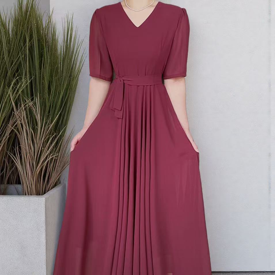 棉画烫新款波尔多红收腰大摆夏季连衣裙轻奢显瘦气质优雅