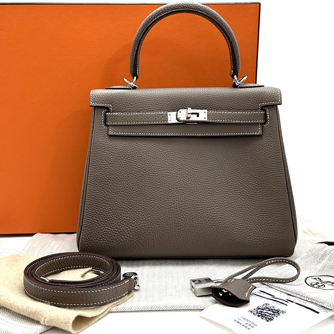 99新 Hermes/爱马仕 大象灰银扣kelly25手提单肩斜挎包 76373