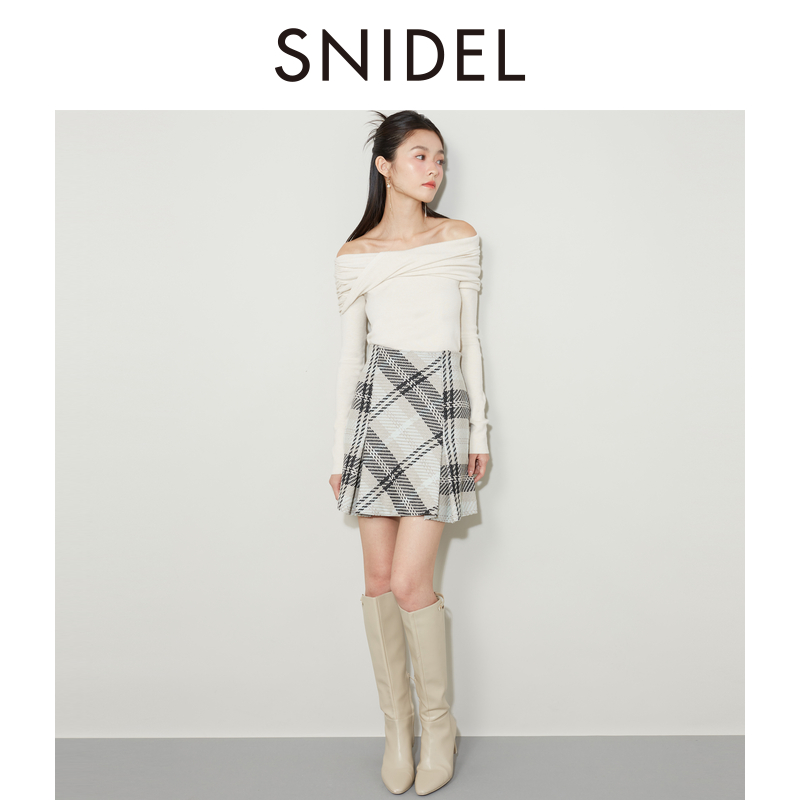 SNIDEL秋冬新品一字肩长袖开衫气质圆领毛针织衫SWNT244155