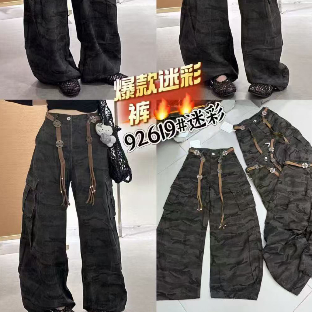 衣号店 高品秋款欧高腰复古个性腰带大口袋弯刀迷彩牛仔裤92619