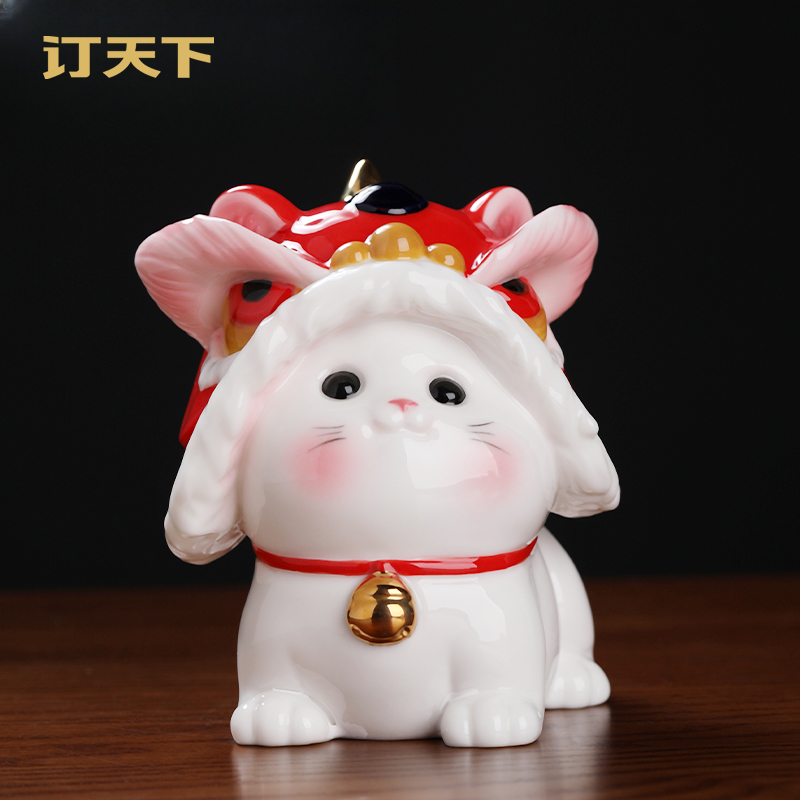 可爱舞狮猫国潮陶瓷猫咪摆件创意猫元素送女生礼物客厅家居装饰品