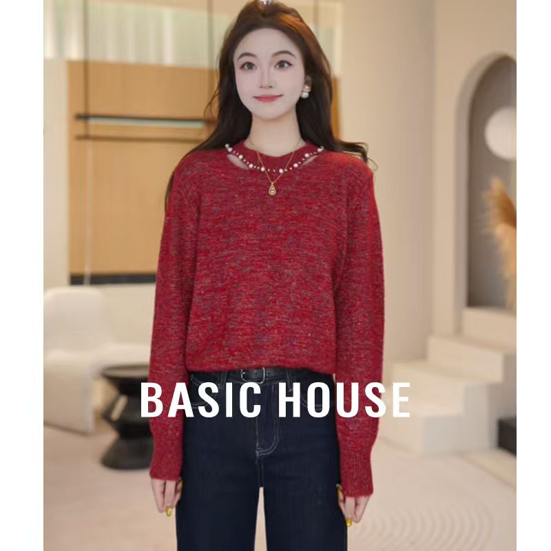 Basic House/百家好百搭气质宽松型圆领套头毛针织B1195B50J02