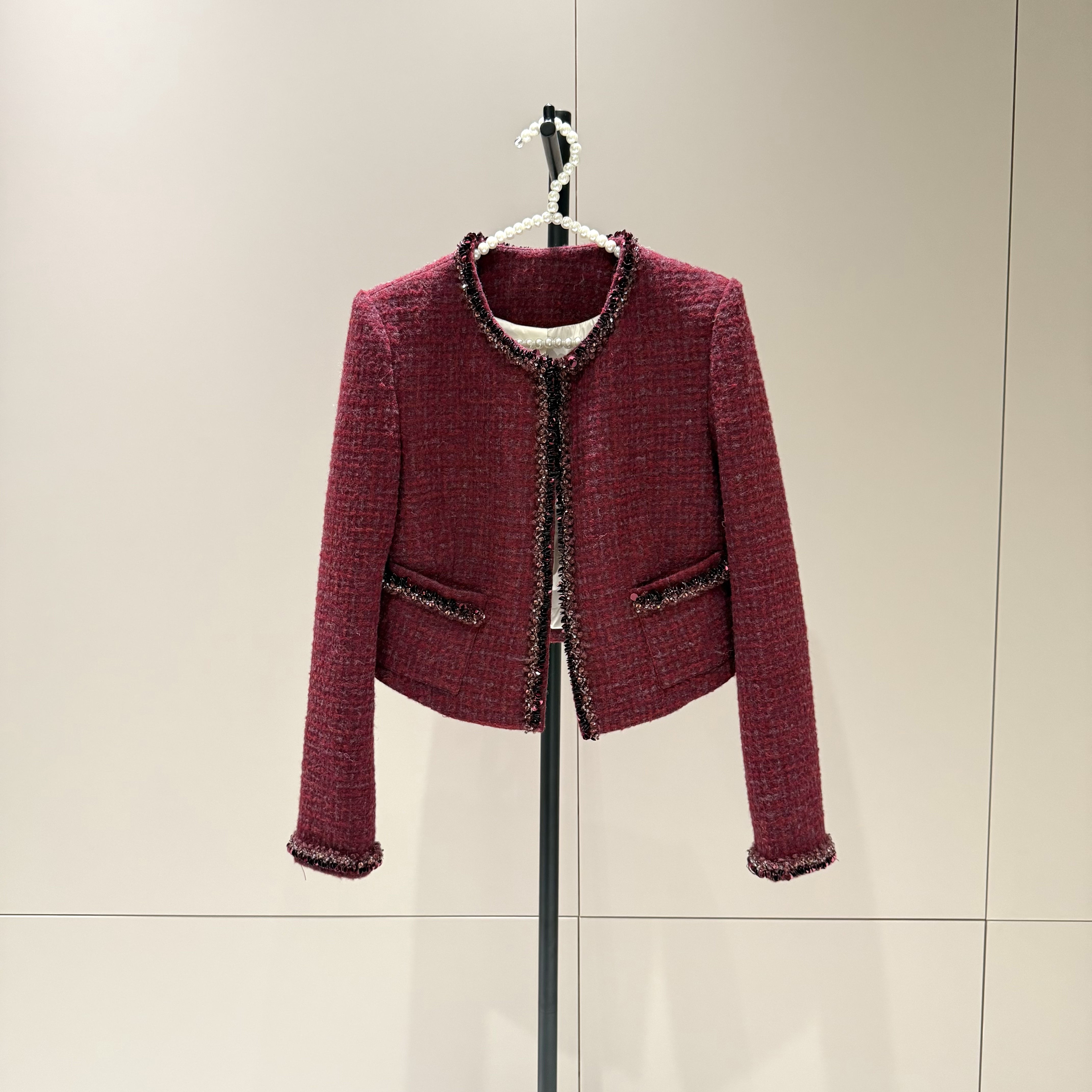 法式气质高级感小香风编织镶边钉珠拼亮片收腰修身短外套