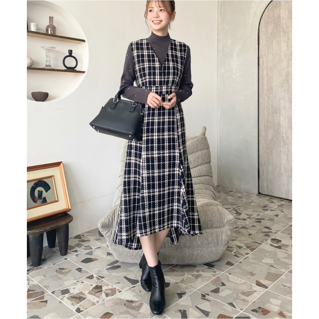 【Montendre】 秋季新款 M 时尚气质显瘦格纹高腰连衣裙