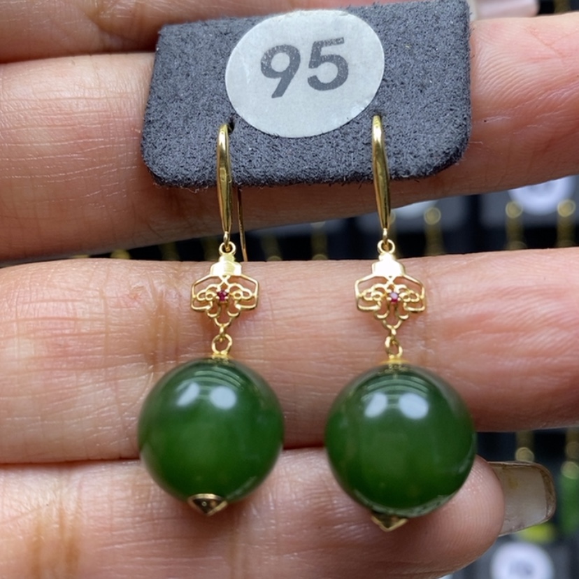 【闪购商品】和田玉耳饰18K金镶嵌11.9mm圆珠厚金耳饰