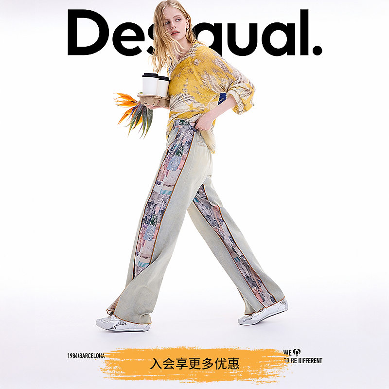 Desigual25秋冬新品直筒水洗牛仔拼接印花设计女士牛仔裤