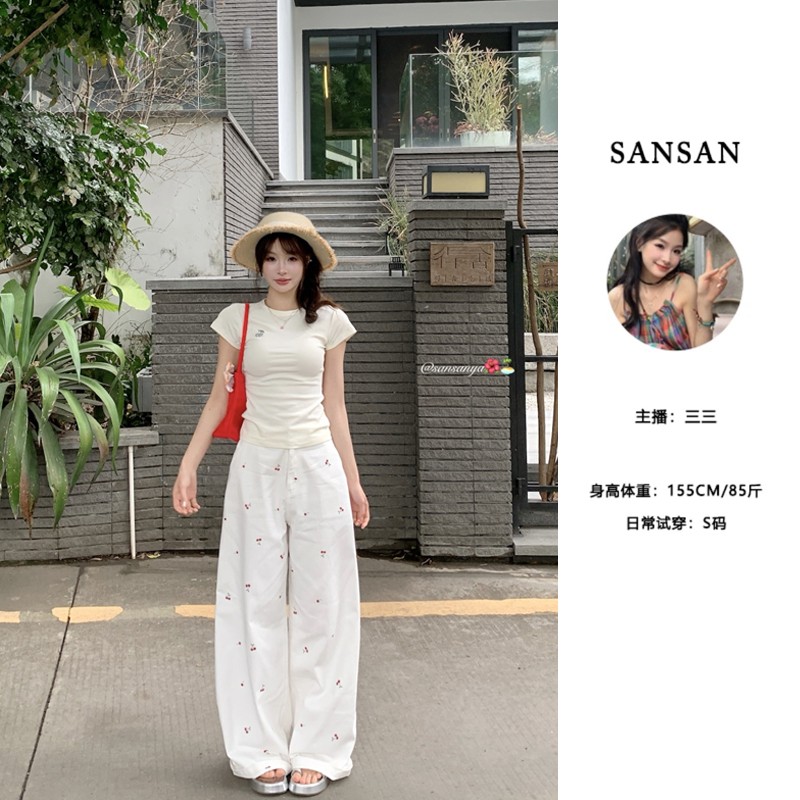 【三三】(春日来信）夏季百搭樱桃阔腿裤女小个子百搭高腰直筒休闲裤