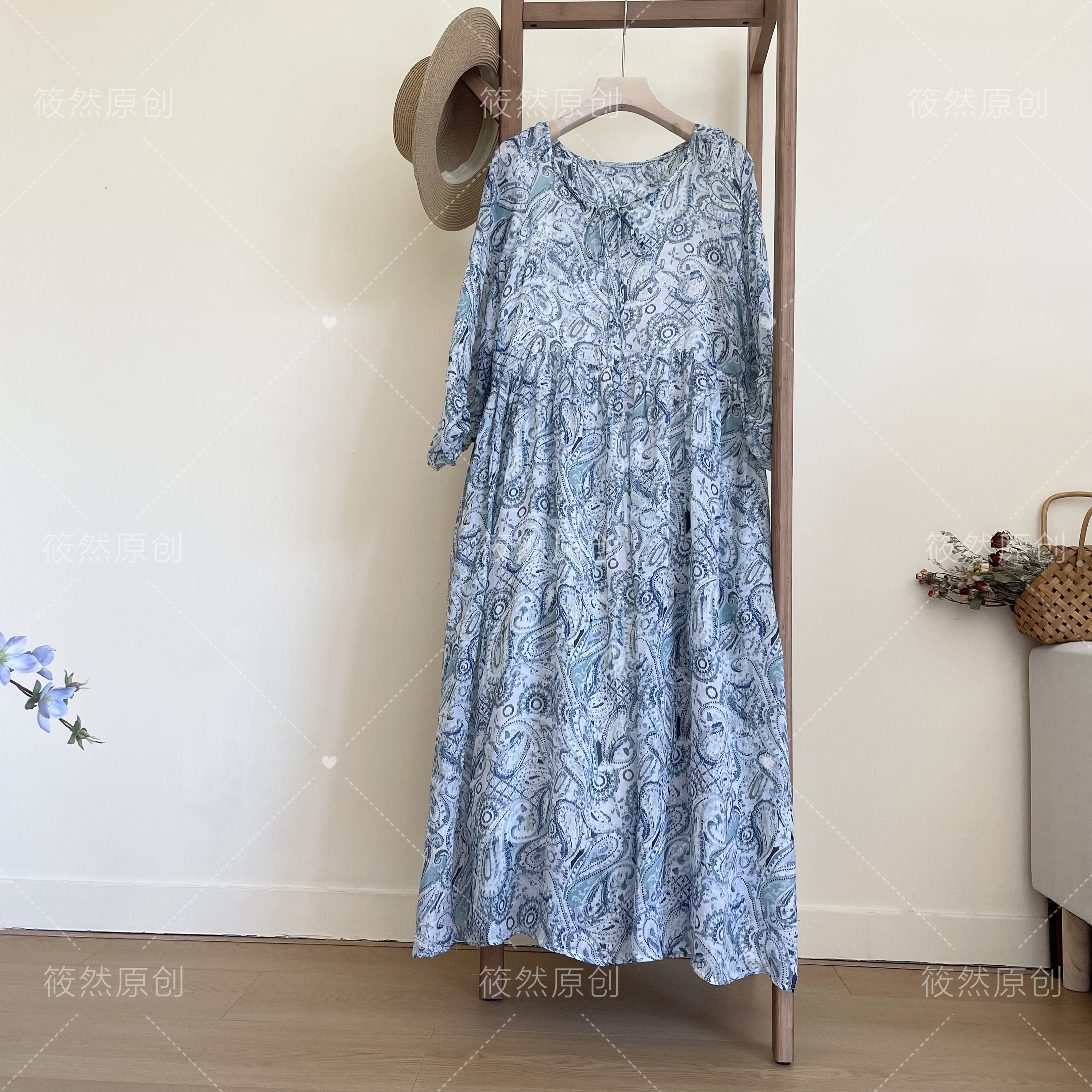 苎麻印花高腰连衣裙度假风慵懒圆领灯笼袖裙子 裙长120胸围120
