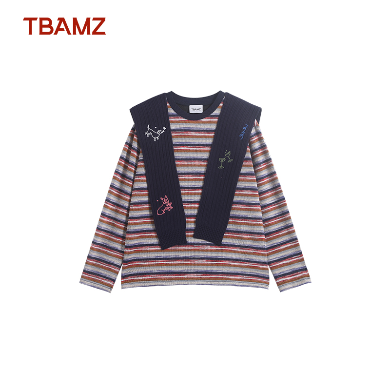 TBAMZ 复古彩色条纹撞色刺绣披肩针织衫 35T942