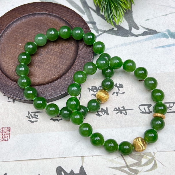 R10和田玉碧玉辣绿色单圈手串9mm+多样性发其一经典款
