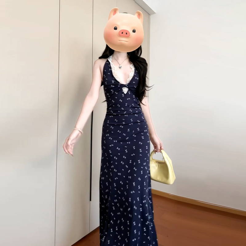 【清仓】2218蓝色碎花吊带连衣裙子女夏季2025年新爆款气质收腰长裙