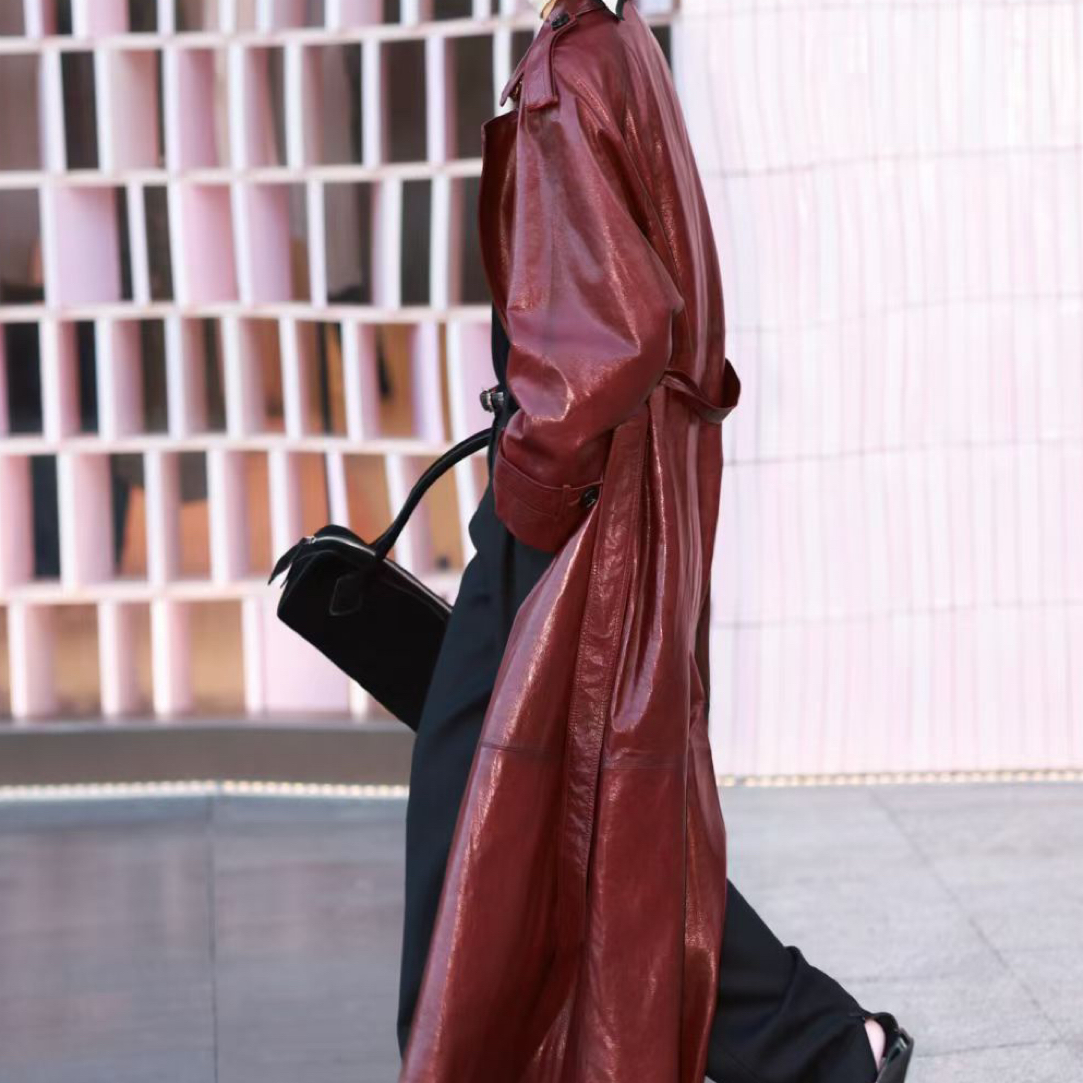 链接 编号女士秋冬韩版气质立领欧美风长款真皮皮衣风衣