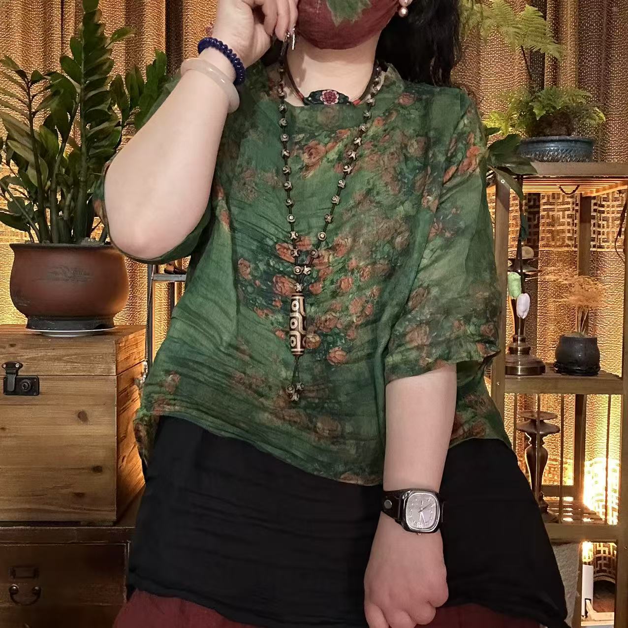 麻四--原创苎麻国风复古时尚百搭数码印花小半高领中国风女装