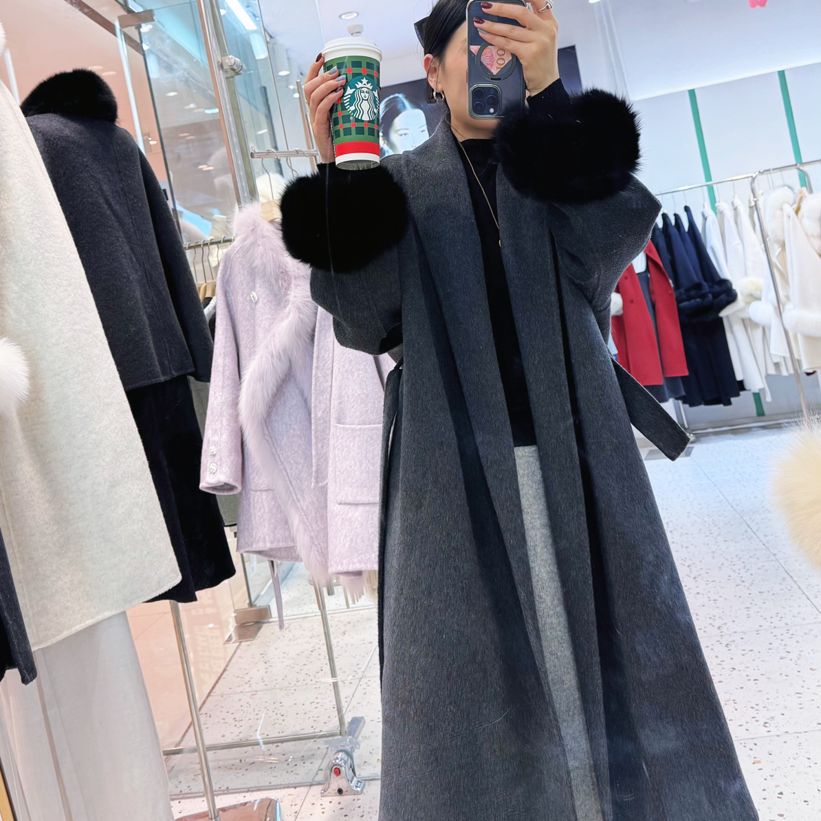 2026高级感浴袍款双面羊绒大衣长款修身羊毛呢大衣真狐狸毛袖