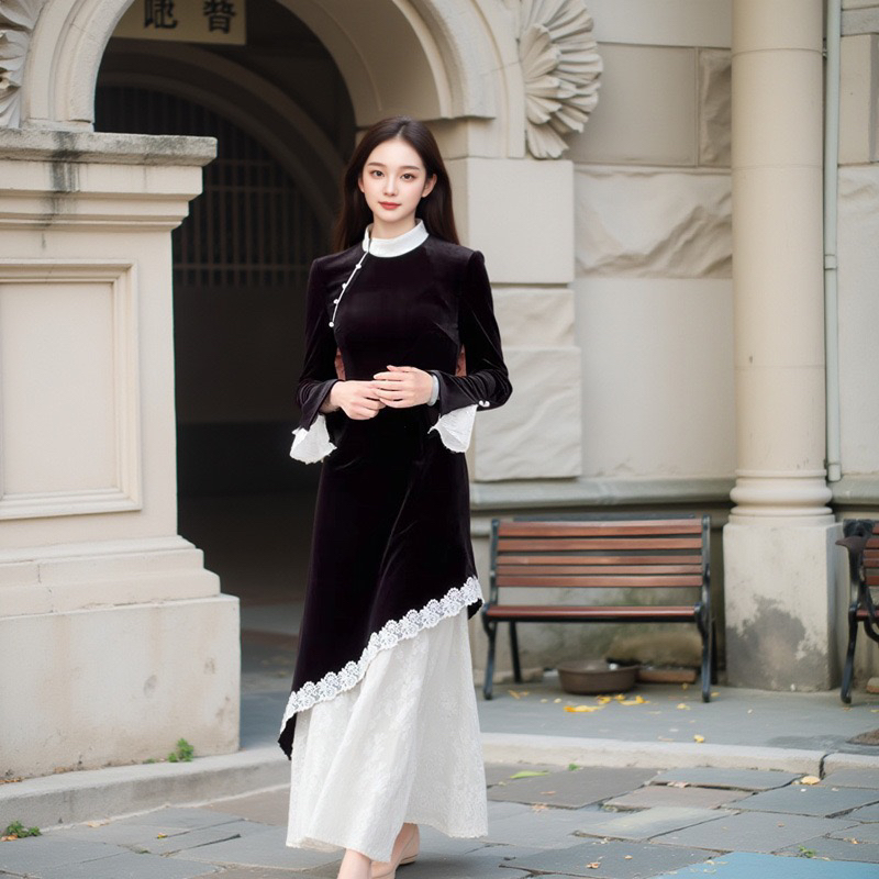 常规款长袖冬季大码连衣裙中长裙不规则领宽松腰新款高级感假两件