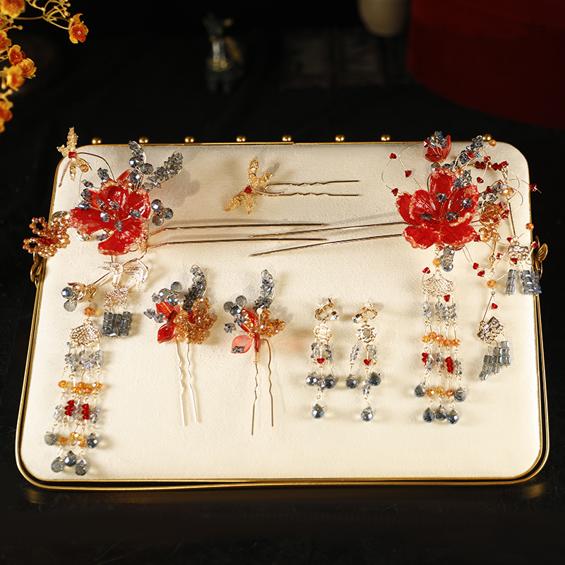 GZ307中式红色冰透水凝胶花朵发钗汉服头饰复古新娘秀禾古装发饰