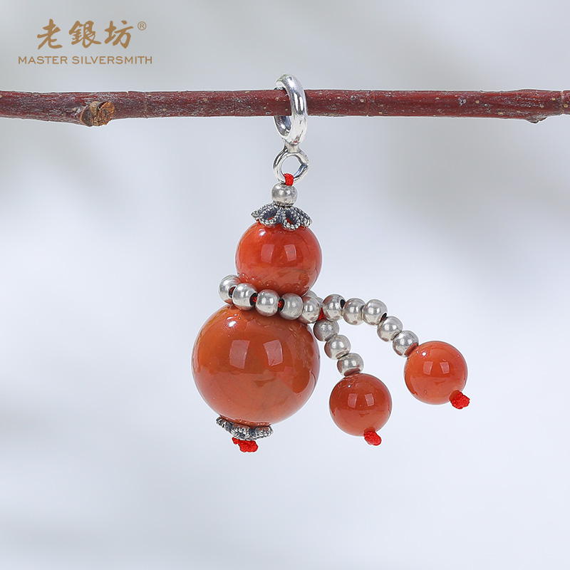 老银坊s925银南红提溜弹簧扣葫芦吊坠配件 品质珠宝 00232941