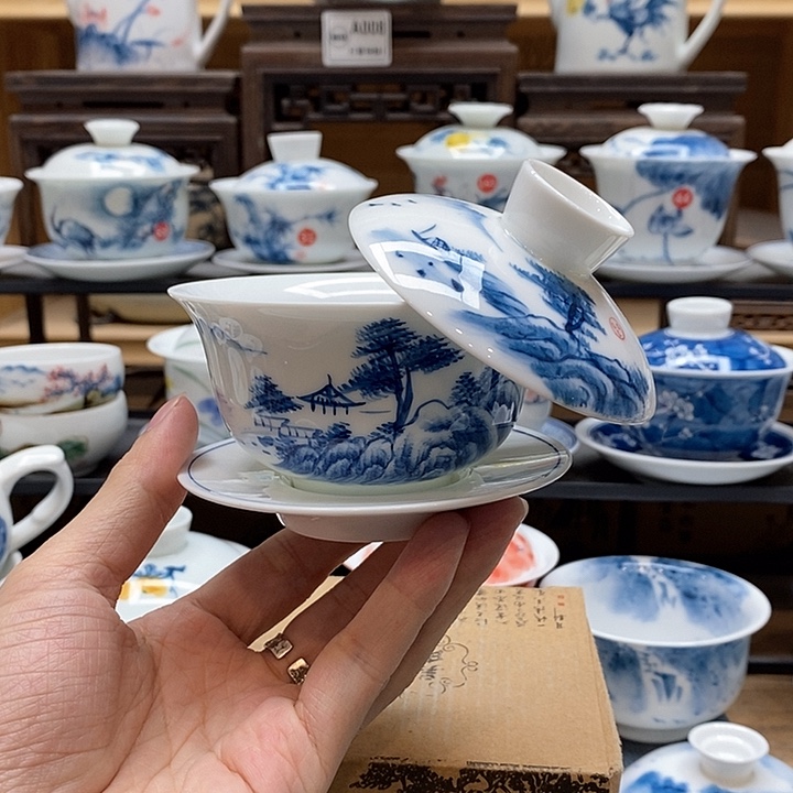 手绘山水枫桥夜泊盖碗150cc釉下彩微瑕福利款