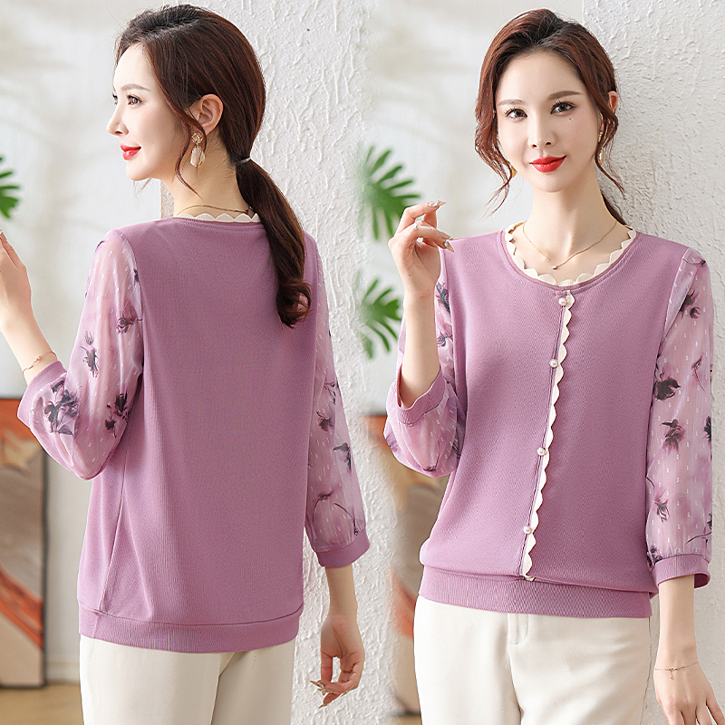 中年妈妈2025春装新款洋气针织上衣T恤中老年人夏季薄款纱袖小衫 