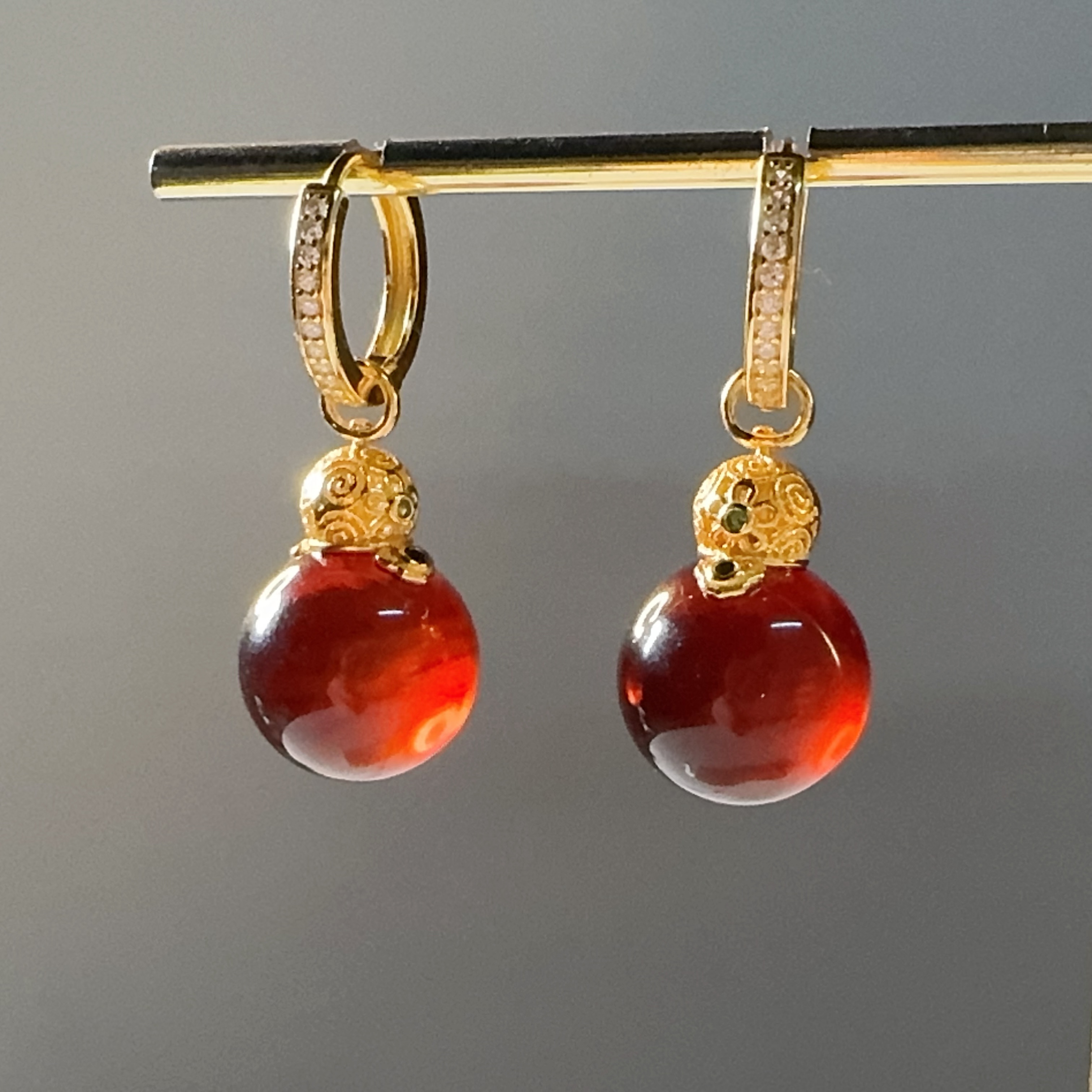 天然缅甸琥珀圆珠耳扣13MM+设计款耳环经典精工