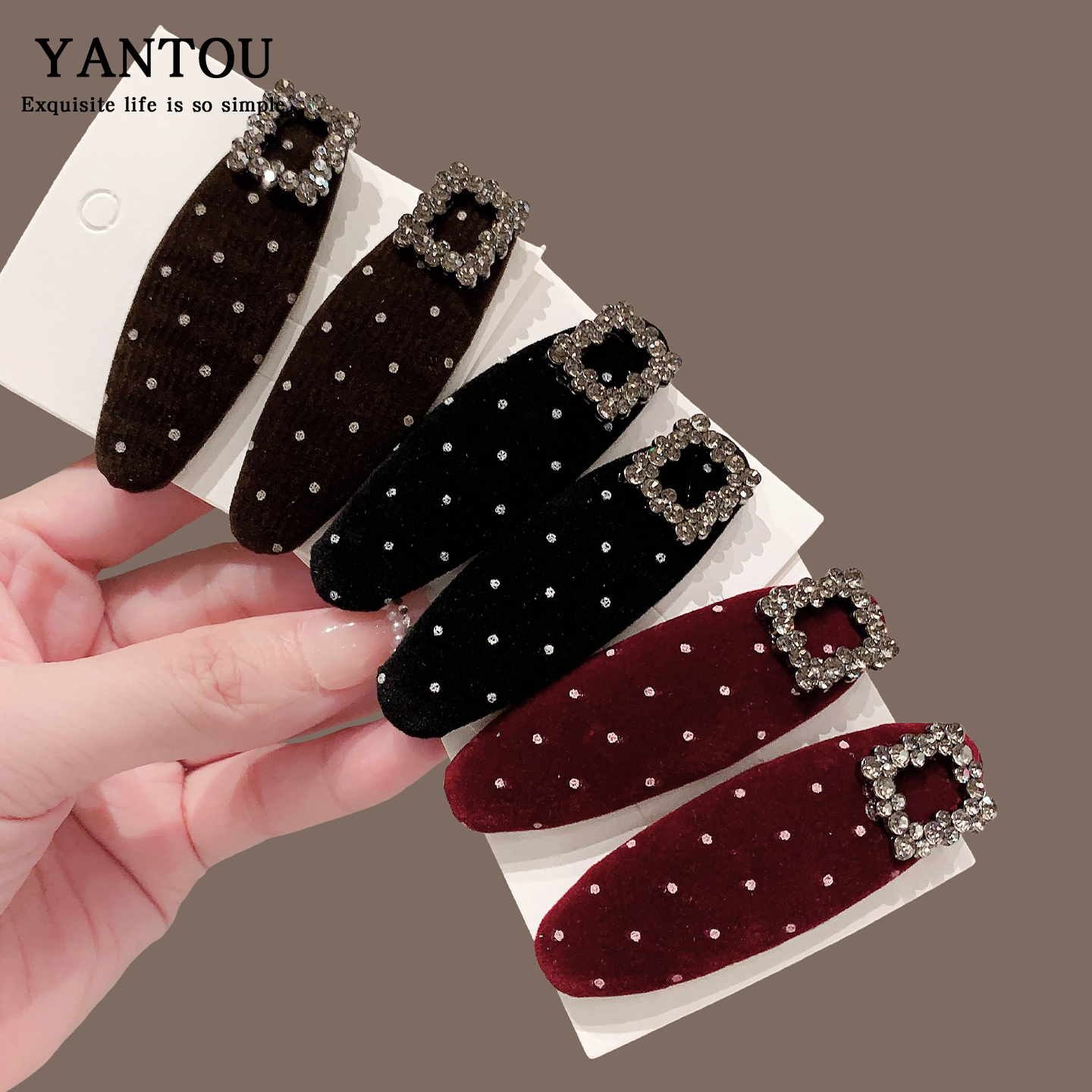 复古百搭丝绒波点方形水钻发夹前额侧边发卡刘海夹碎发边夹11530